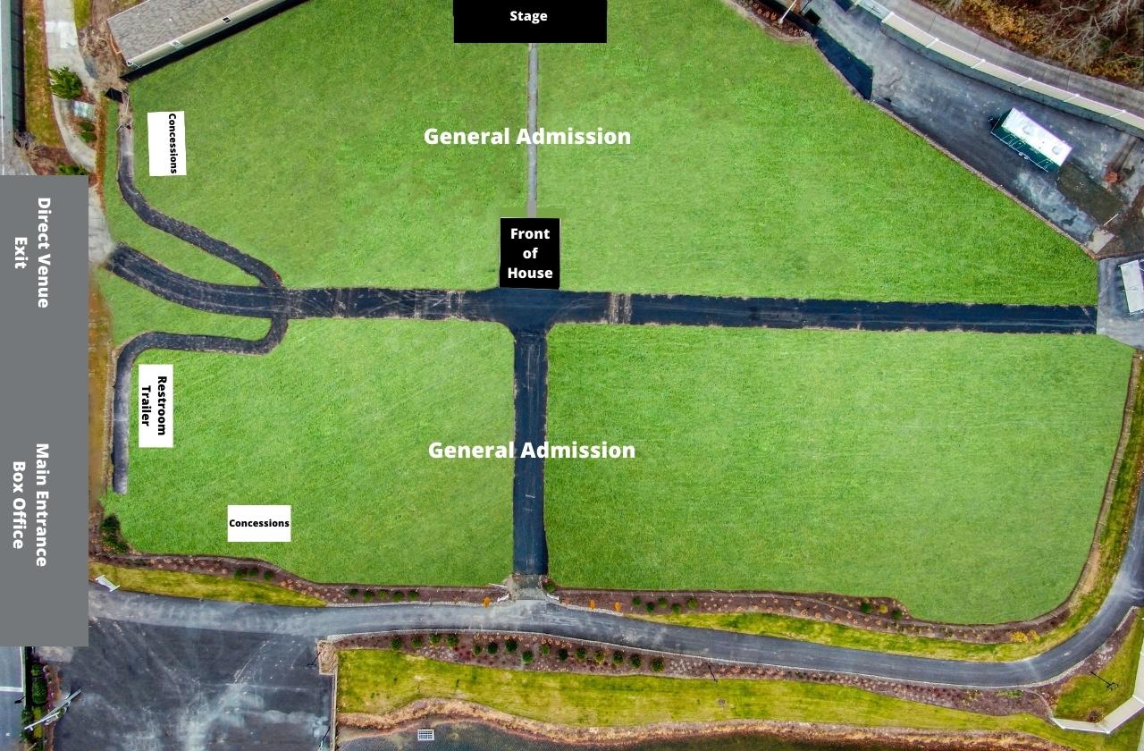 The seat map shows an aerial view of the venue. General Admission seating allows patrons to place their chair or stand anywhere on the Grand Green